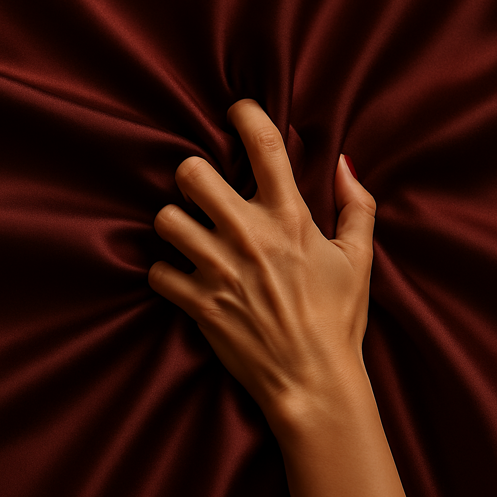 A hand resting on wine-red silk