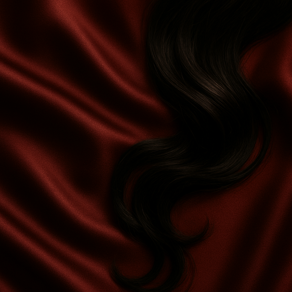 Dark hair spilling across red silk
